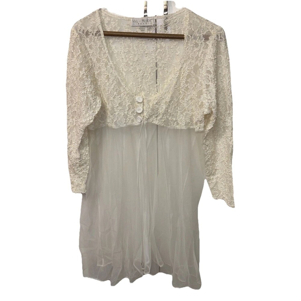 Val Mode Lingerie Sheer Lace Robe Sexy Cover Up Nightie Night Gown Vintage L